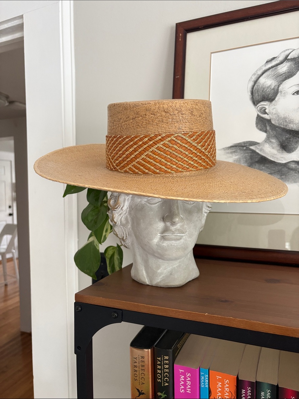 Anthropologie Wide-Brim Straw Boater Hat with Woven Band - Natural Tan